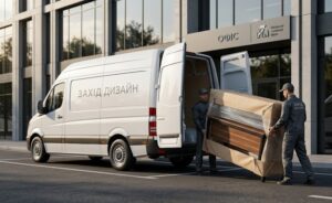 Двоє співробітників компанії «Захід Дизайн» у брендованій формі обережно вивантажують великий запакований стіл з білого мікроавтобуса на парковці сучасного офісного центру з вивіскою «ОФІС».