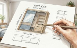 Технічний ескіз дводверної шафи-купе на аркуші паперу, що лежить на дерев'яному столі. Рука з олівцем вказує на внутрішнє планування.