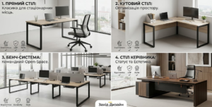 Колаж із чотирьох типів офісних столів: прямий, кутовий, бенч-система та стіл керівника у стилі мінімалізм від Захід Дизайн.